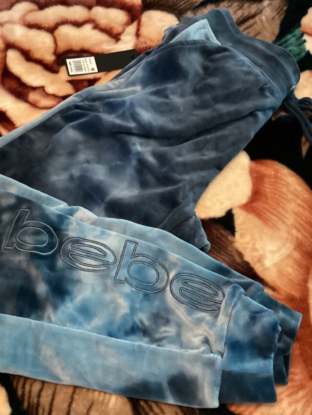 Bebe velvet joggers, blue tie dye, new with tag.